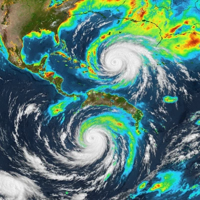 Satellite view of a hurricane approaching the Caribbean islands, vibrant colors on weather map
