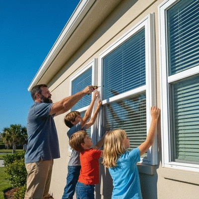 Family installing storm shutters on their home windows