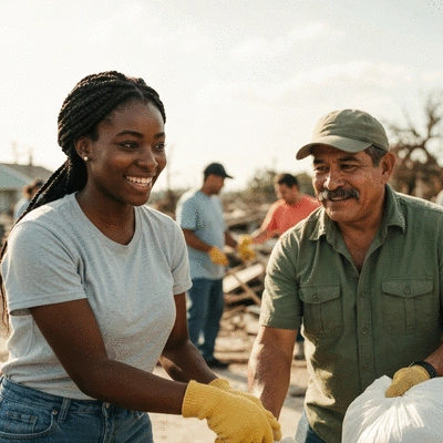 Community members volunteering after a hurricane