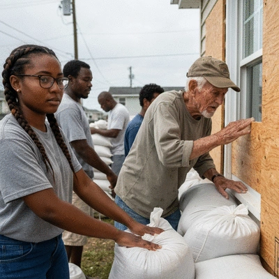 Community members preparing for a hurricane, securing their homes