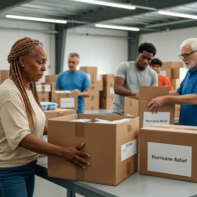 Community volunteers organizing aid supplies for hurricane relief