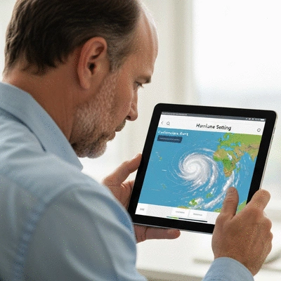 Person looking at hurricane tracking map on tablet, showing customizable alert settings
