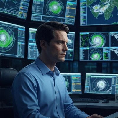 Meteorologist looking at multiple screens with weather maps and data