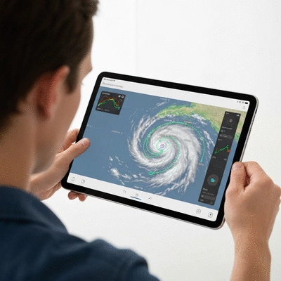 Person tracking hurricane on a tablet with interactive map