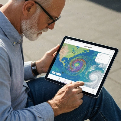 Person using hurricane tracking software on a tablet, showing storm paths on a map