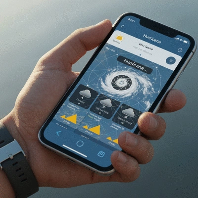 Close-up of a hand holding a smartphone displaying a weather app with hurricane symbols and data