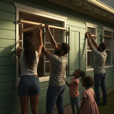 Caribbean family securing their home before a hurricane, calm and prepared atmosphere