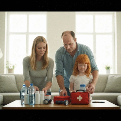 Family preparing emergency kit for hurricane season