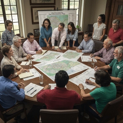 Community leaders discussing flood protection plans