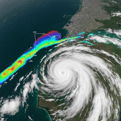 Satellite view of a tropical storm approaching a coastline, with tracking overlay, no text, no words, no typography, clean image