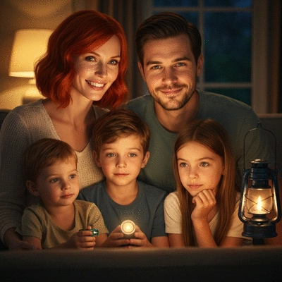 Family using flashlights during a power outage in a hurricane