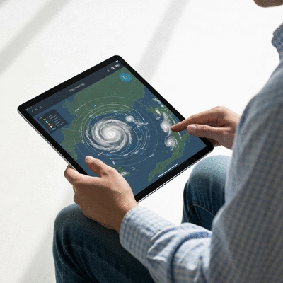 Person using a tablet to view an interactive hurricane tracking map with storm paths and weather data