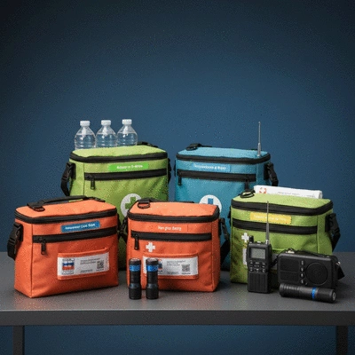 Neatly packed emergency go-bags for a family, ready for evacuation, no text, no words