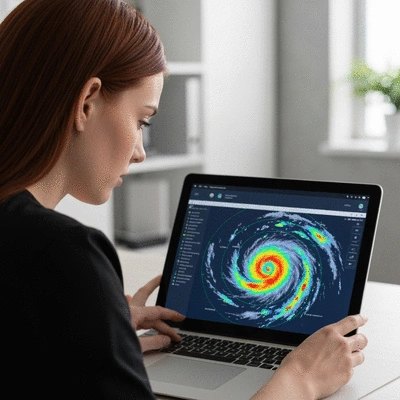 Person looking at a hurricane tracking map on a digital device, focusing intently
