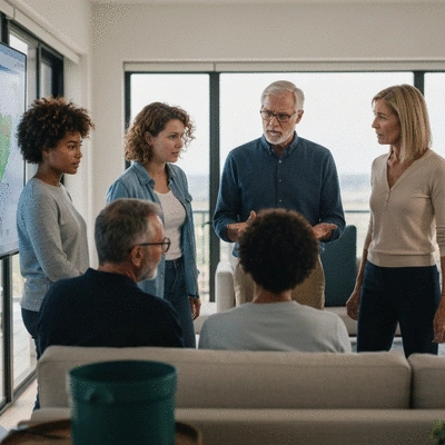 Diverse group of people gathered around a large interactive screen displaying a hurricane tracking map, discussing storm preparedness