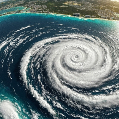 Satellite view of a hurricane approaching a coastline