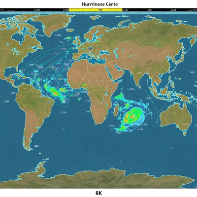 Weather map with hurricane tracking overlaid on a world map