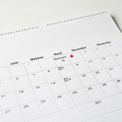 Calendar with key hurricane season dates highlighted