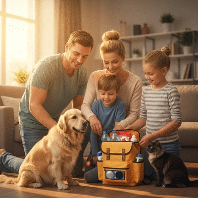 Family with dog and cat preparing for evacuation, packing an emergency kit