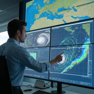 Meteorologist analyzing hurricane forecast models on a screen, showing storm paths and intensity, with a map of the Eastern Seaboard