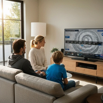 Family watching a weather forecast on TV in their living room
