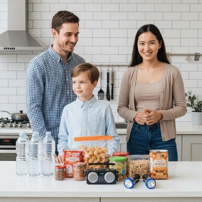 Family preparing emergency kit with water, food, and radio