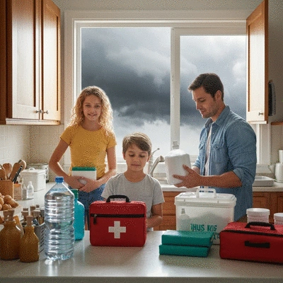 Family packing an emergency kit