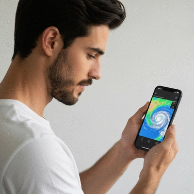 Person using a weather app on a smartphone to track a hurricane