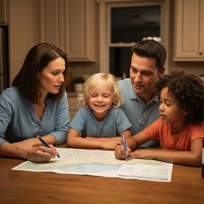 Family discussing a hurricane preparedness plan at home