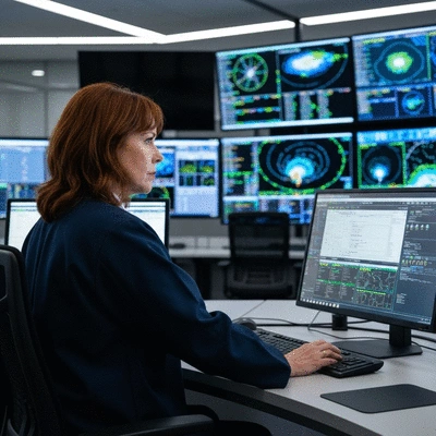 Meteorologist analyzing weather data on multiple screens in a command center, representing government resources