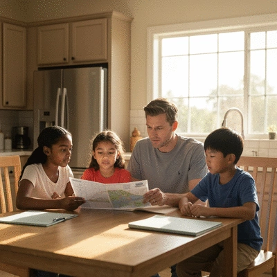 Family discussing an emergency plan at a kitchen table