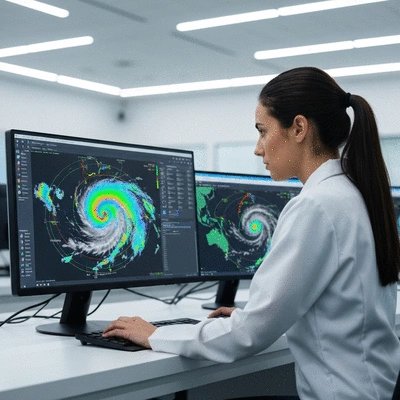 Meteorologist analyzing hurricane data on a computer screen