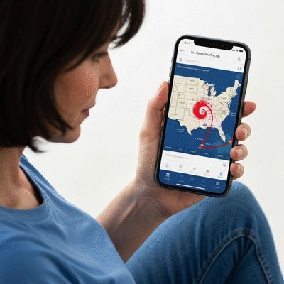 Person using a hurricane tracking app on a smartphone, showing a storm path on a map