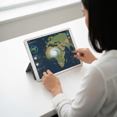 Person using a tablet to track a hurricane on a map