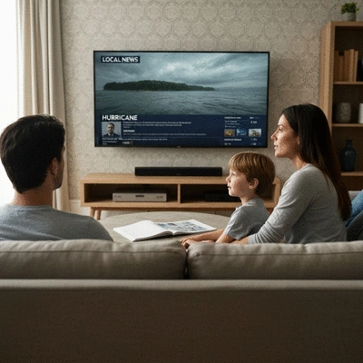 Family watching local news for hurricane updates on TV