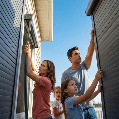 A family securing their home with storm shutters, preparing for a hurricane