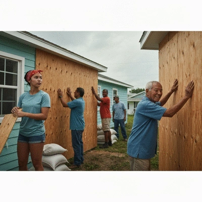 Community members preparing for a hurricane, securing their homes