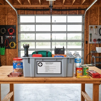 Hurricane preparedness kit with essential items like flashlight, first-aid, water, and non-perishable food, neatly organized