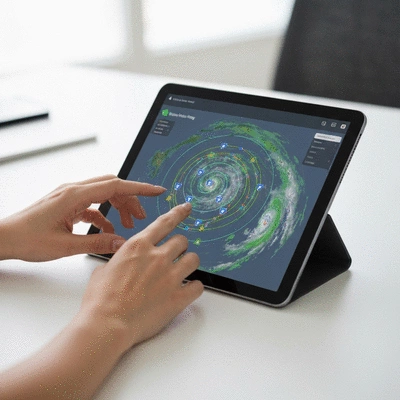 Person looking at a hurricane tracking map on a tablet with storm icons