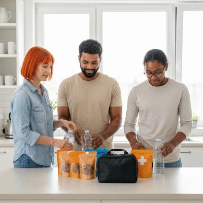 Family preparing an emergency kit for hurricane season, including water, food, and first-aid supplies, in a clean, organized home, no text, no words, no typography, no labels, clean image