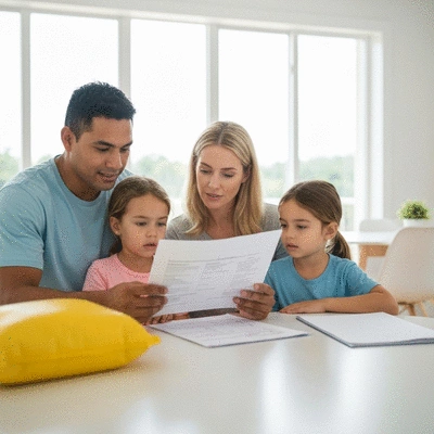 Family reviewing hurricane preparedness checklist at home, showing proactive measures