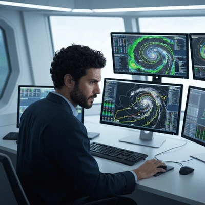 Meteorologist analyzing hurricane data on multiple screens