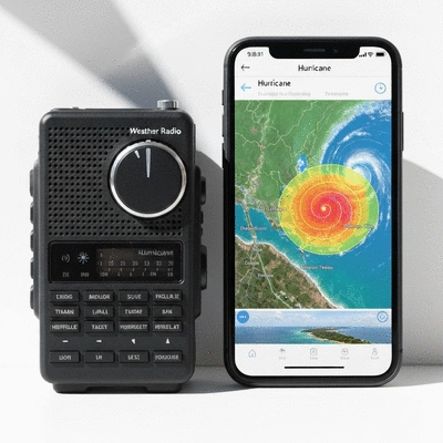 Weather radio and mobile phone displaying hurricane tracking app, no text, no words, no typography, clean image
