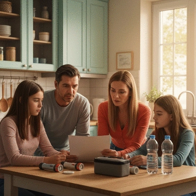 Family reviewing a hurricane safety checklist at home