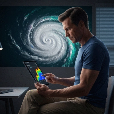 Person monitoring hurricane tracker on a tablet with a storm in the background