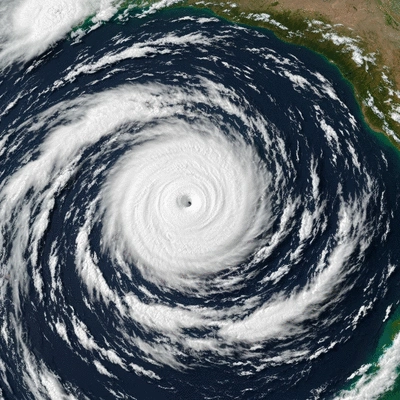 Satellite view of a hurricane over the Atlantic Ocean, showing its eye and swirling clouds