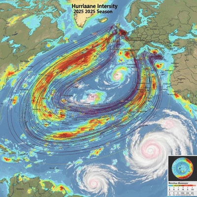 Detailed weather map showing hurricane paths and intensity forecasts for 2025