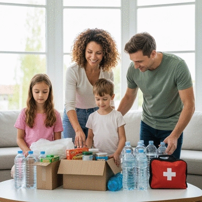 Family packing an emergency kit with non-perishable food and water
