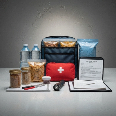 Hurricane preparedness kit items laid out