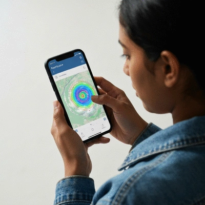 Person using a hurricane tracking app on a smartphone, showing a storm path on a map
